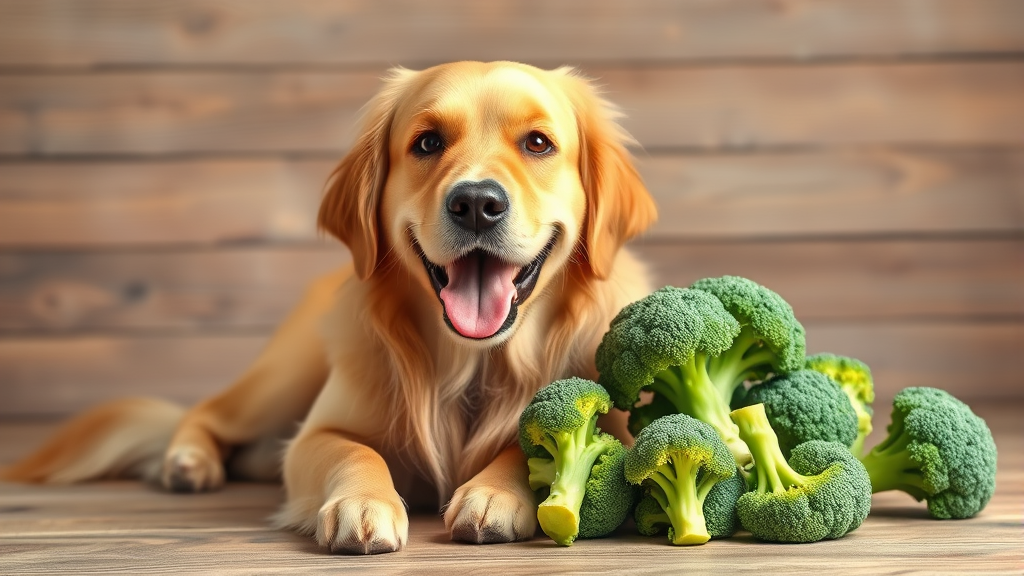 Happy golden retriever sitting next to fresh green broccoli florets on wooden surface, no text no words no letters