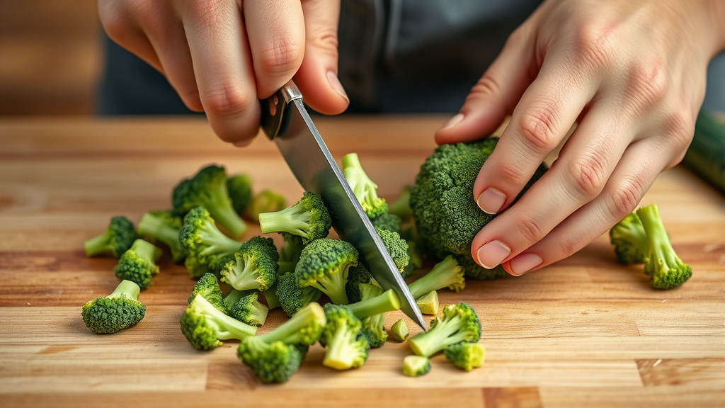 Close up of hands cutting fresh broccoli into small dog safe pieces on cutting board, no text no words no letters