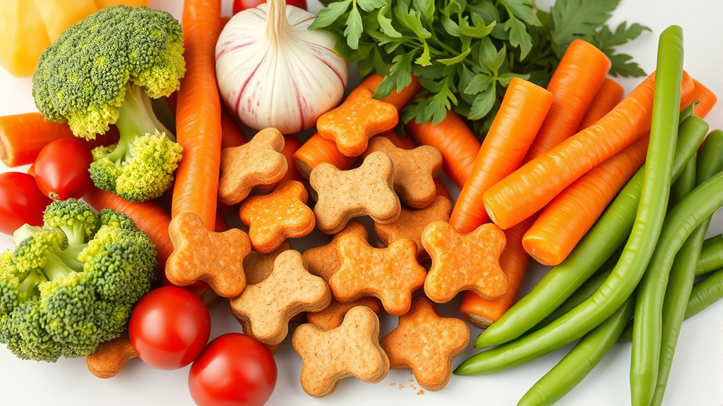Various colorful vegetables including broccoli carrots and green beans arranged for healthy dog treats, no text no words no letters