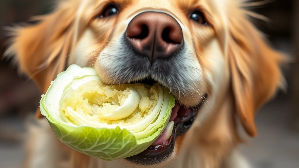 Golden Retriever happily crunching on a piece of raw green cabbage, close-up of dog's face showing interest and delight with the vegetable in its mouth