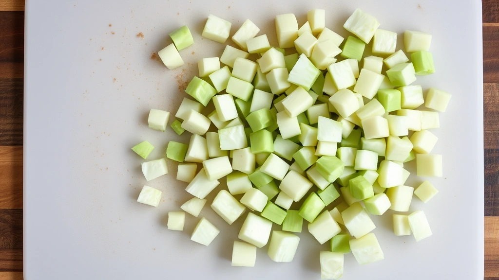 Overhead view of a cutting board with chopped raw cabbage in small bite-sized pieces arranged neatly, showing proper preparation for dog feeding