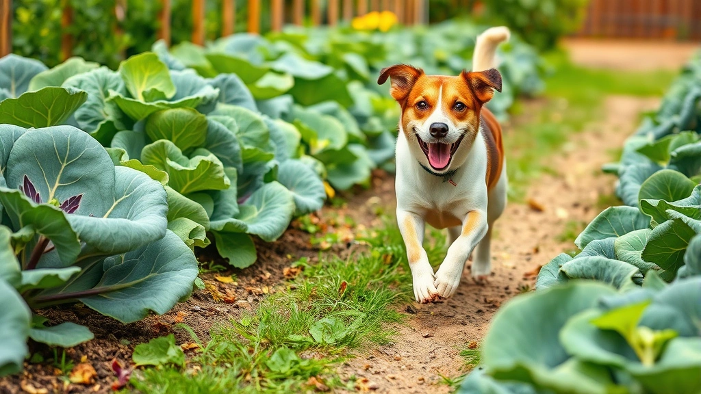 Playful dog running through a garden with cabbage plants visible, natural outdoor setting with dog enjoying vegetables in their natural environment