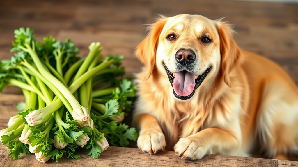Happy golden retriever dog next to fresh green celery stalks on wooden table natural lighting no text no words no letters