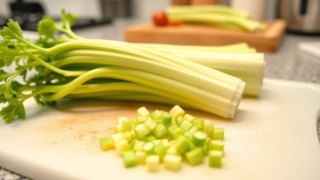 Fresh crisp celery stalks cut into small dog-safe pieces arranged on clean cutting board kitchen setting no text no words no letters