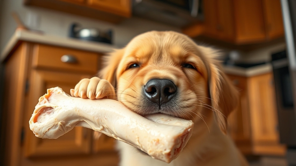 Golden retriever puppy chewing on raw chicken bone in kitchen, natural lighting, close-up texture detail