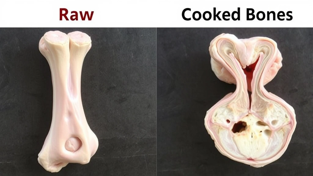 Split image showing raw versus cooked chicken bones with anatomical cross-section comparison