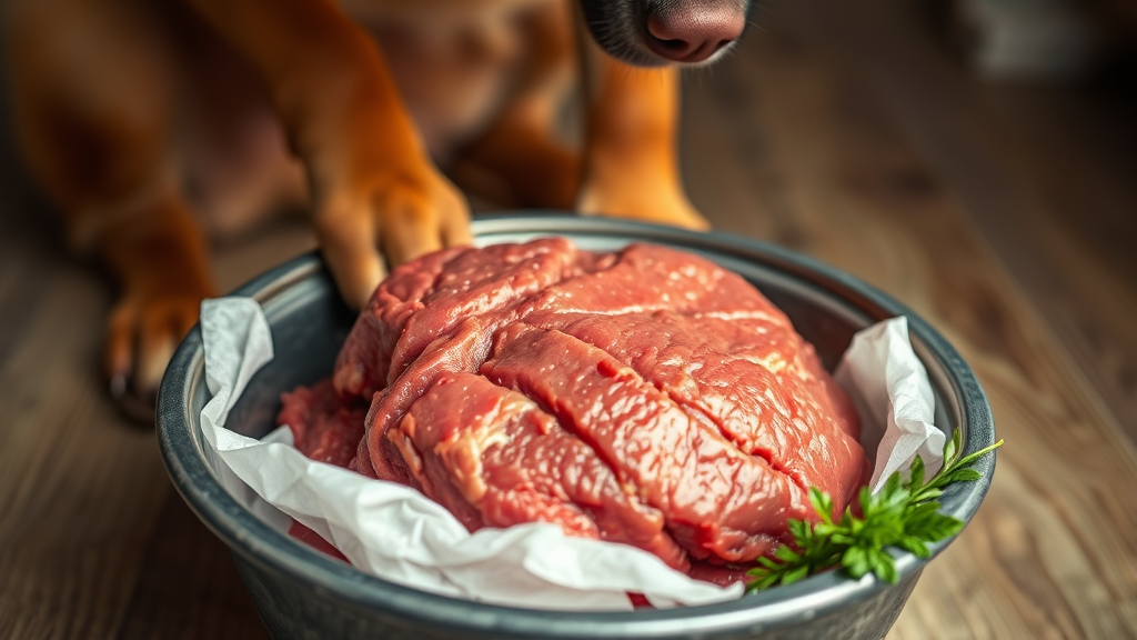 Raw ground beef in bowl with concerned dog owner examining package no text no words no letters