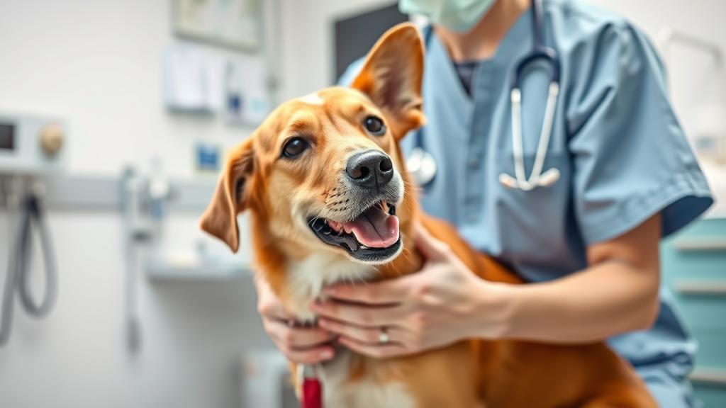Veterinarian examining healthy dog in clean clinic setting with medical equipment no text no words no letters