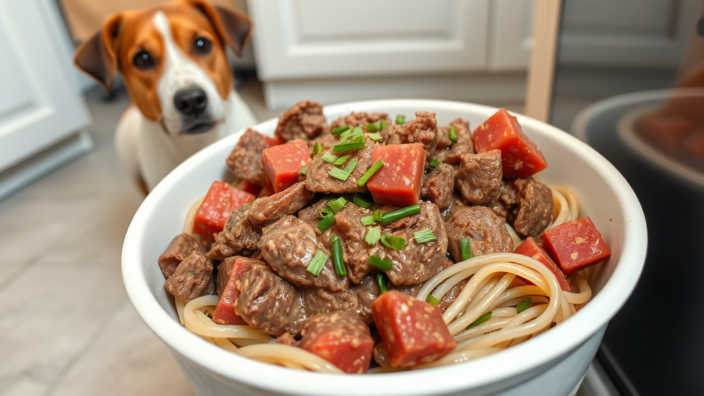 Fresh cooked ground beef cooling in kitchen bowl with dog waiting nearby no text no words no letters