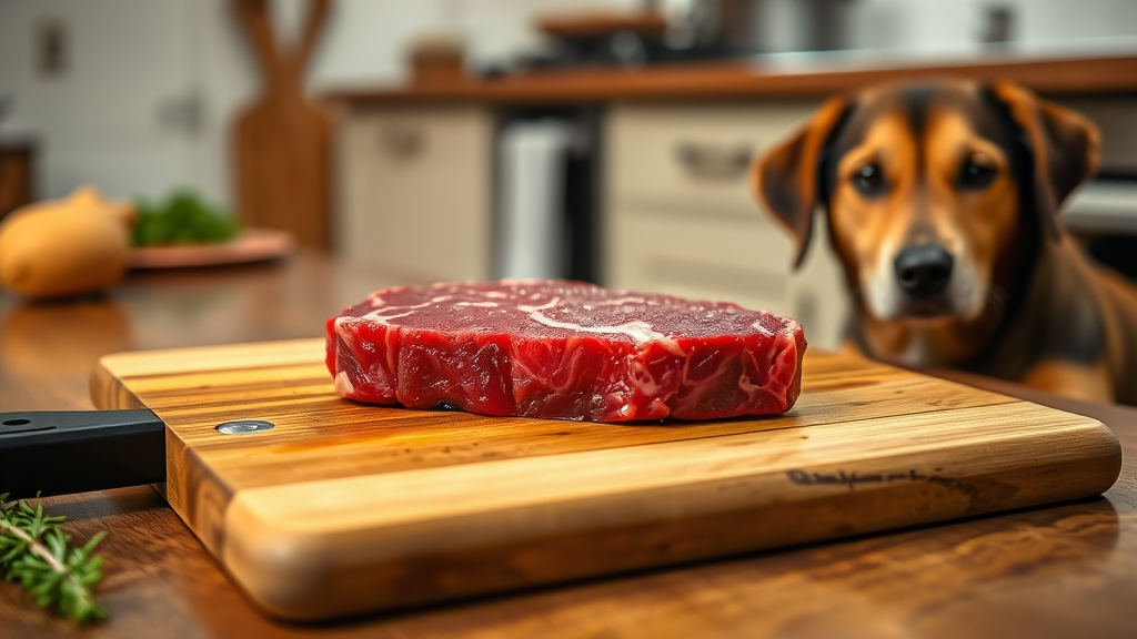 Raw red steak on wooden cutting board with dog looking expectantly nearby, kitchen setting, no text no words no letters