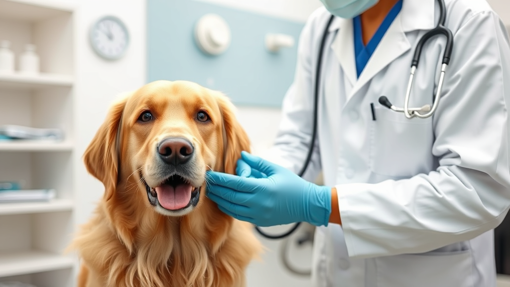 Veterinarian examining healthy golden retriever in clean medical office, stethoscope visible, professional setting, no text no words no letters