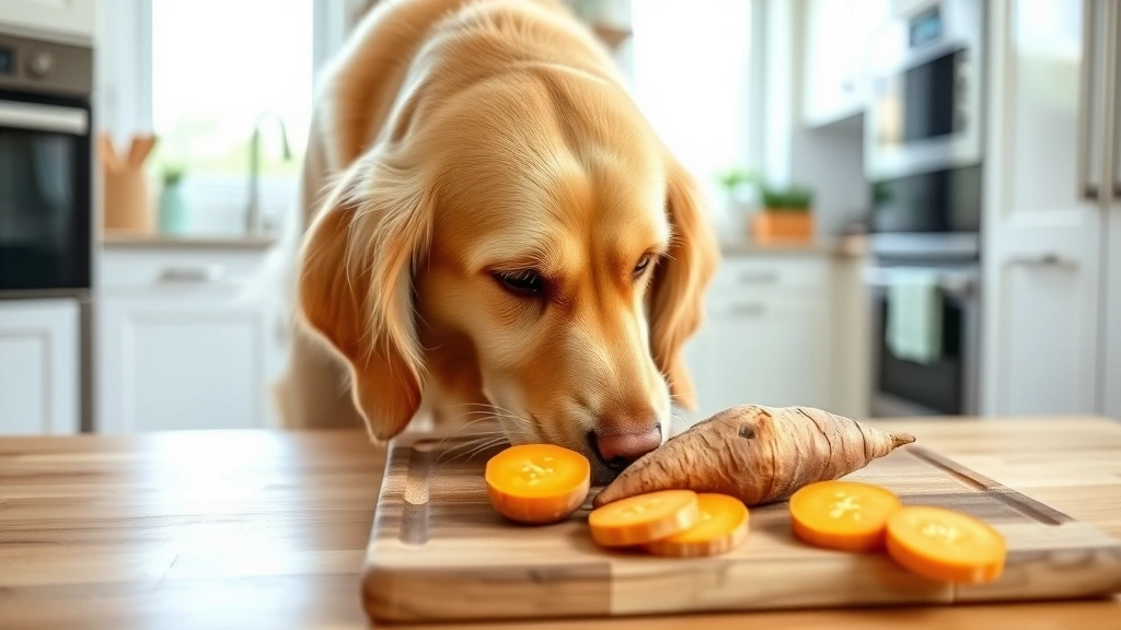 Golden retriever sniffing and investigating a fresh orange sweet potato on a wooden cutting board in a bright kitchen