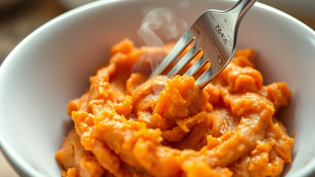 Close-up of a cooked sweet potato being mashed in a white bowl with a fork, warm steam rising from it