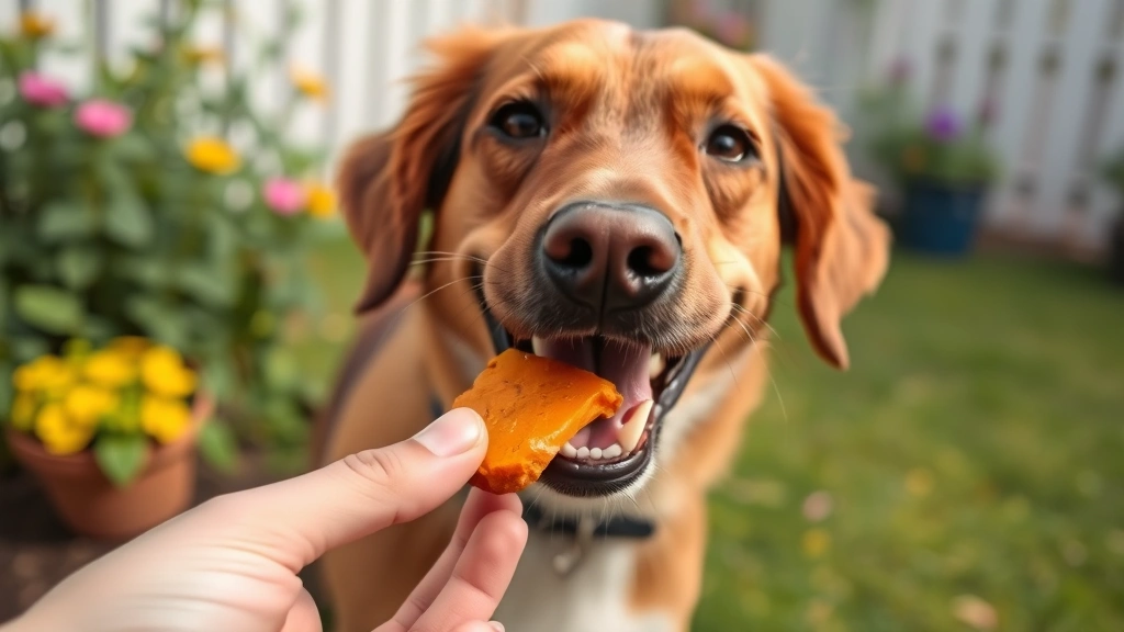 Playful brown dog being offered a small piece of cooked sweet potato from human hand in outdoor garden setting