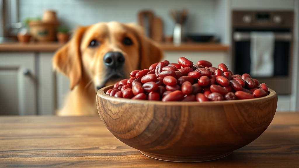 Red kidney beans in wooden bowl with golden retriever dog looking curious in kitchen background no text no words no letters