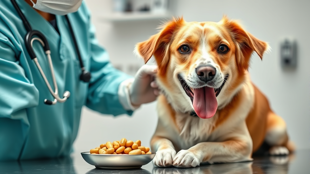 Veterinarian examining friendly dog with beans and healthy dog food visible on examination table no text no words no letters