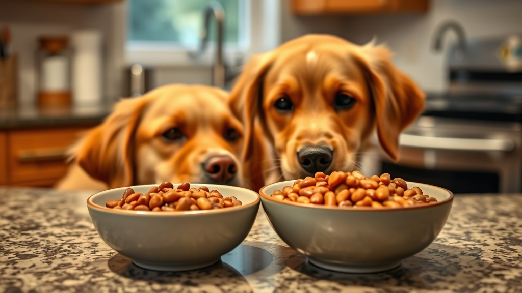 Golden retriever looking curiously at bowl of refried beans on kitchen counter, warm lighting, no text no words no letters