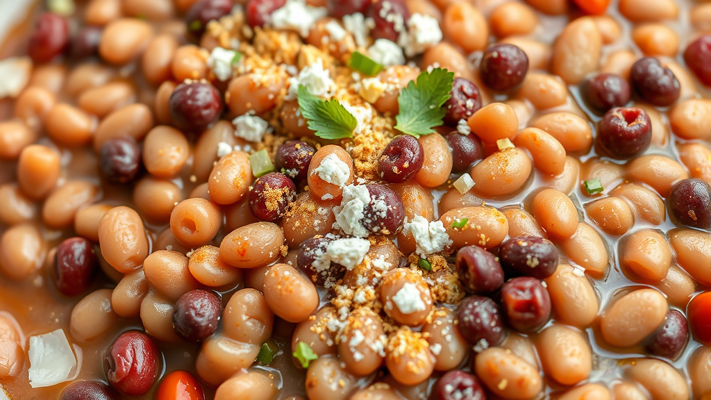 Close-up of refried beans with harmful ingredients like garlic and onion powder scattered around, no text no words no letters
