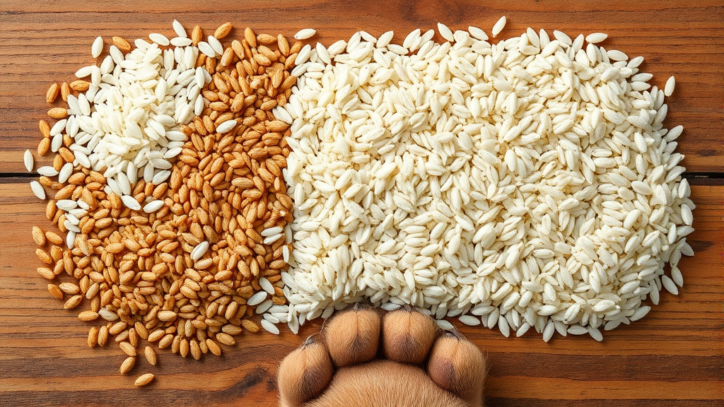 Various types of rice grains spread on wooden surface with dog paw visible, overhead view, no text no words no letters