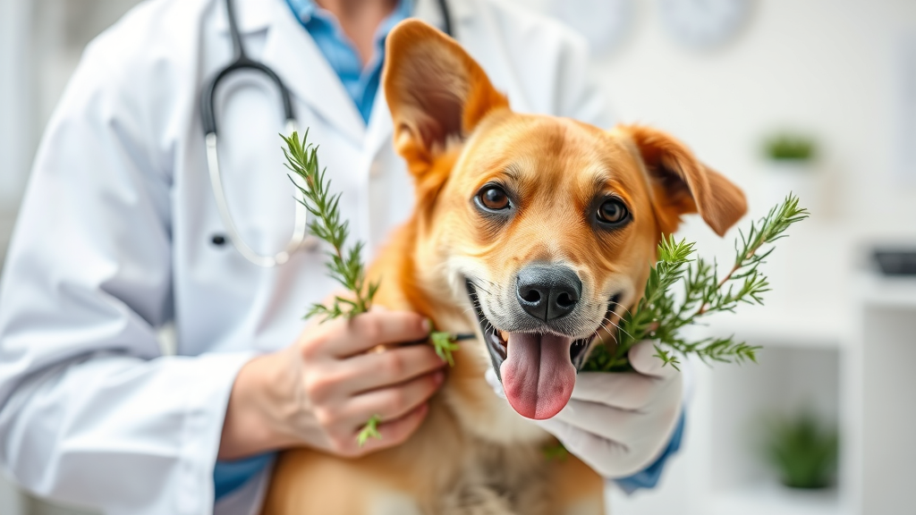 Veterinarian examining friendly dog while holding rosemary plant in modern clinic setting professional atmosphere no text no words no letters