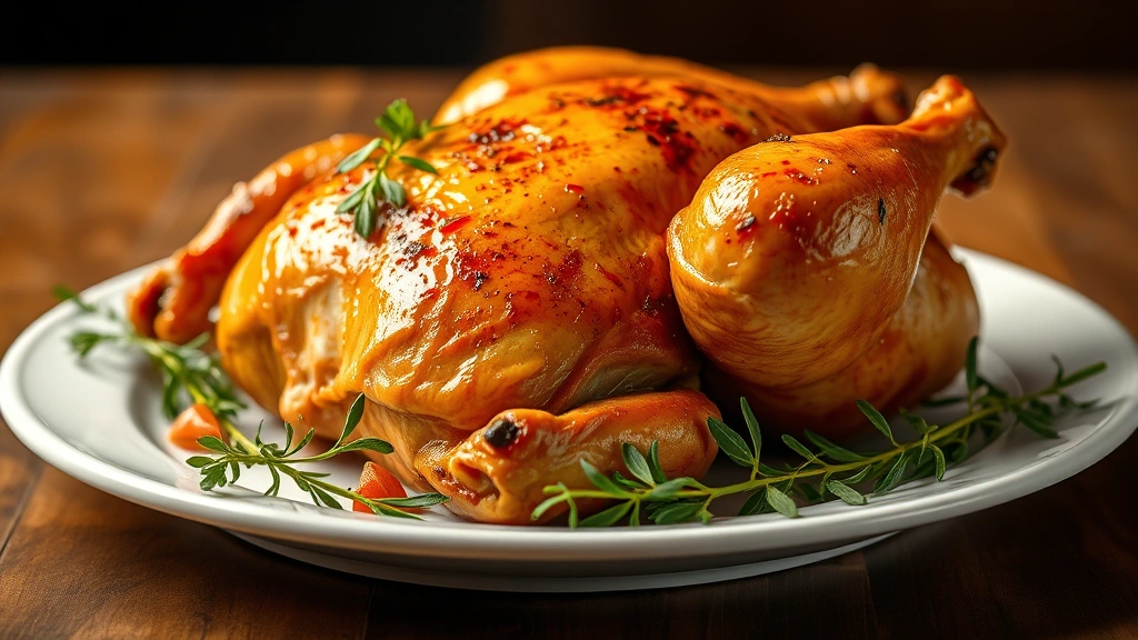 Golden rotisserie chicken on a white plate with fresh herbs, close-up photography, warm lighting, appetizing presentation