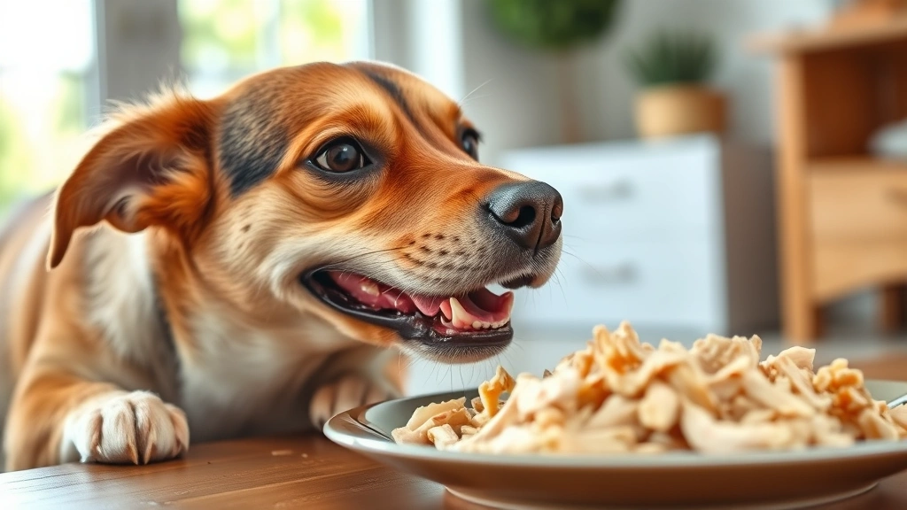 Happy medium-sized dog looking eagerly at a plate of shredded plain chicken meat, indoor setting, bright natural light