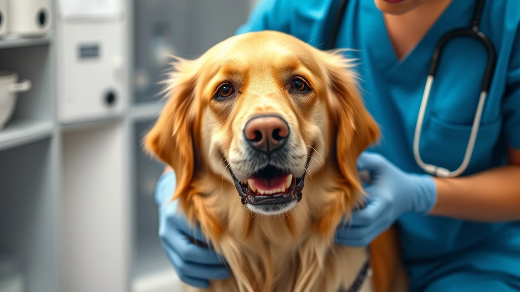 Veterinarian examining a healthy golden retriever, clinical setting, stethoscope visible, professional medical environment