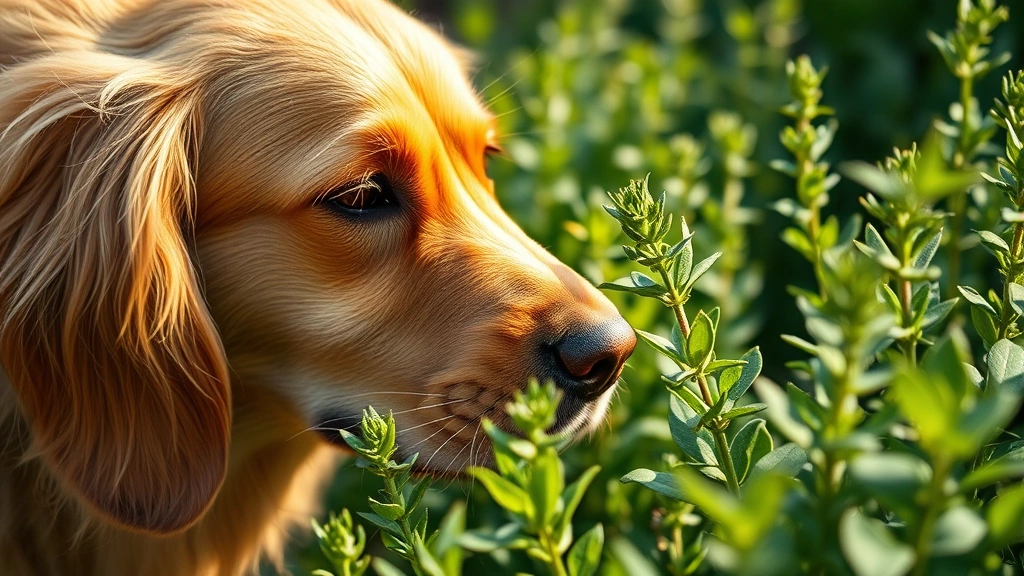 Golden retriever sniffing fresh sage leaves in a garden, morning sunlight, shallow depth of field, dog's nose close to green herb leaves