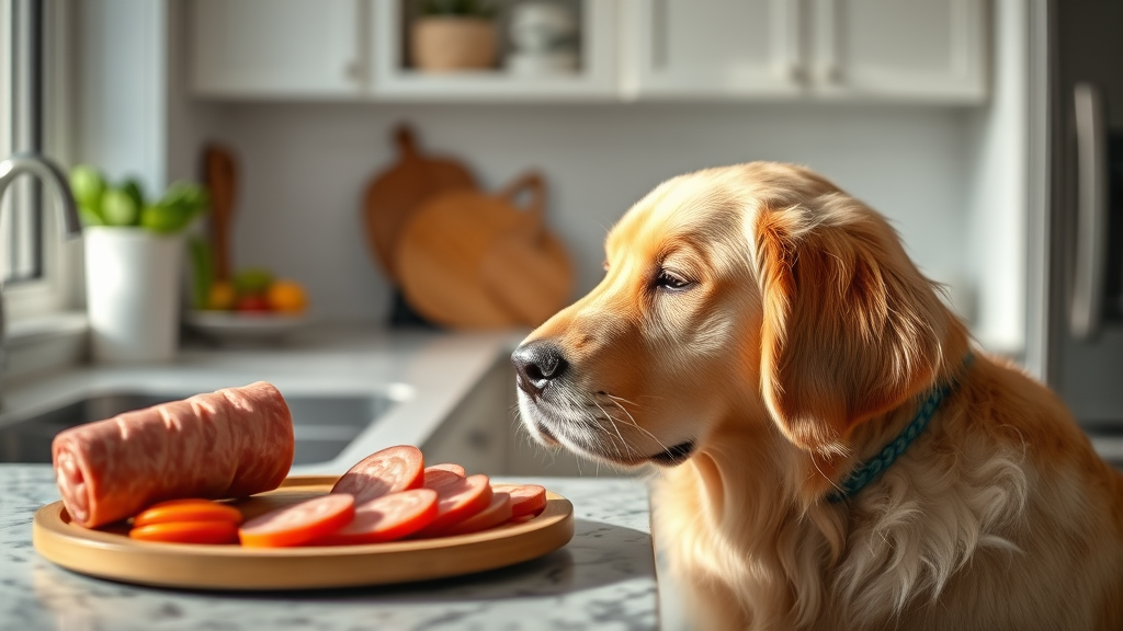 Golden retriever looking at salami on kitchen counter, bright natural lighting, no text no words no letters
