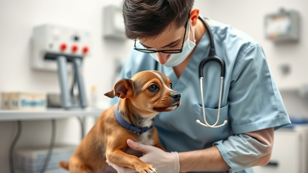 Veterinarian examining small dog in clinic setting, medical equipment visible, no text no words no letters