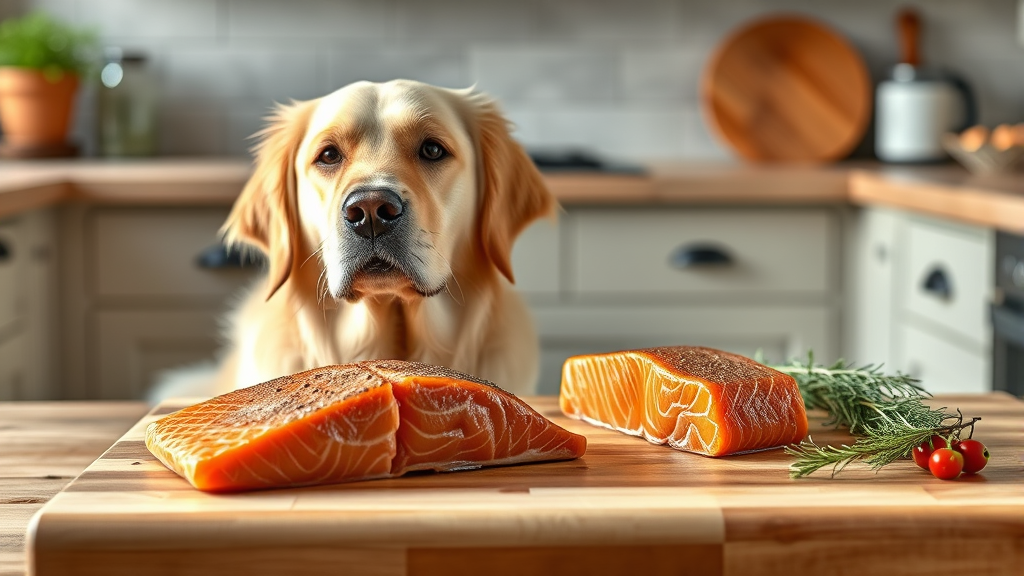 Golden retriever sitting beside fresh salmon fillet on wooden cutting board, natural kitchen lighting, no text no words no letters