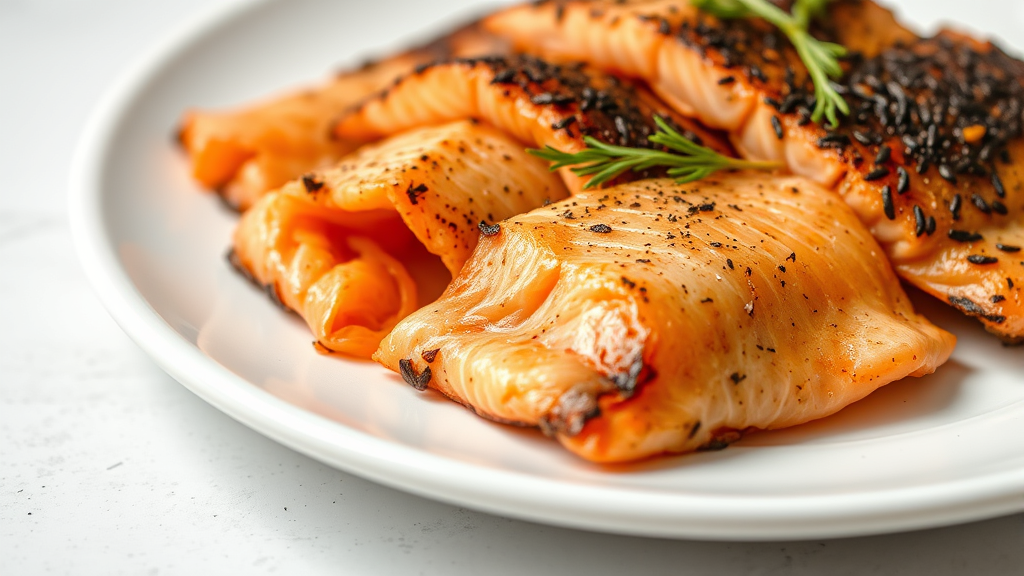 Close up cooked salmon skin pieces on white plate, healthy dog treat preparation, no text no words no letters