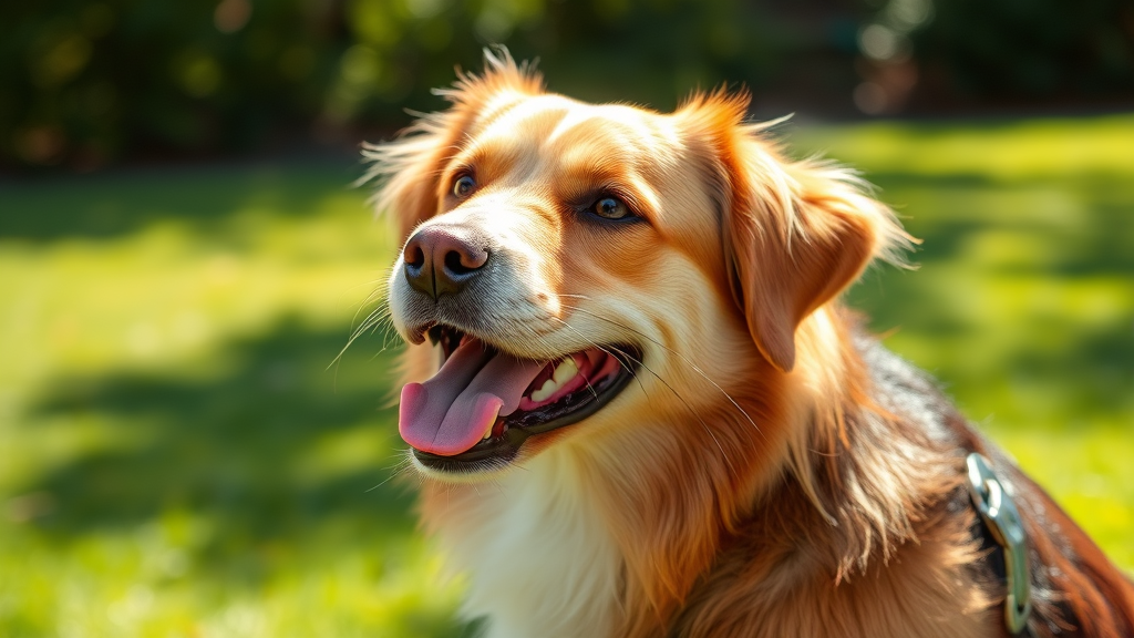Happy healthy dog with shiny coat outdoors, omega three benefits visible, natural sunlight, no text no words no letters