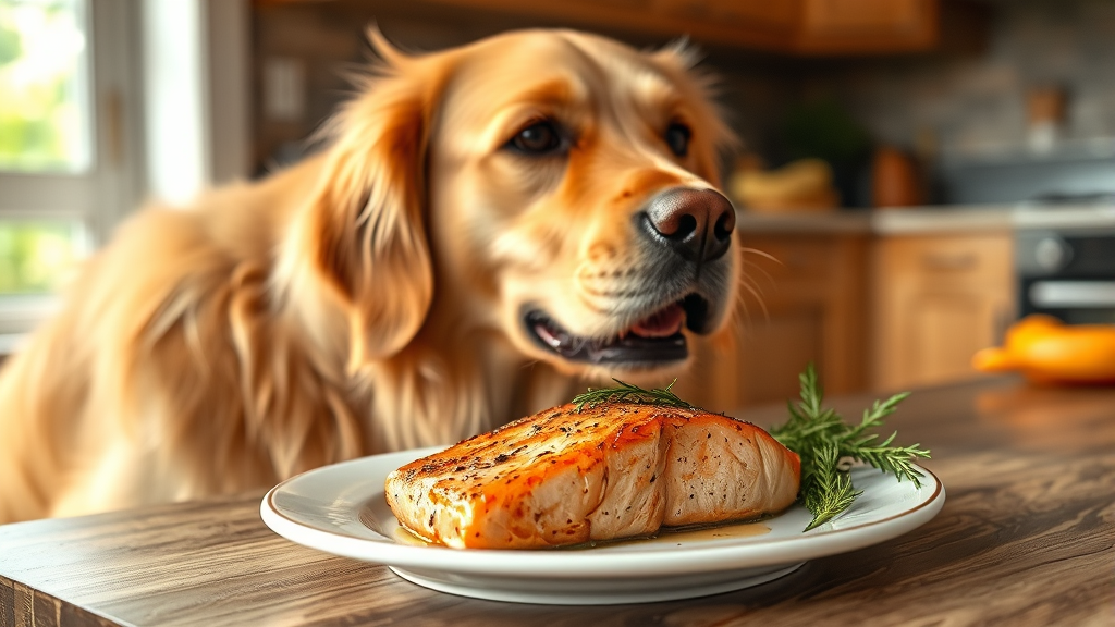 Golden retriever looking at cooked salmon on plate, kitchen setting, warm lighting, no text no words no letters