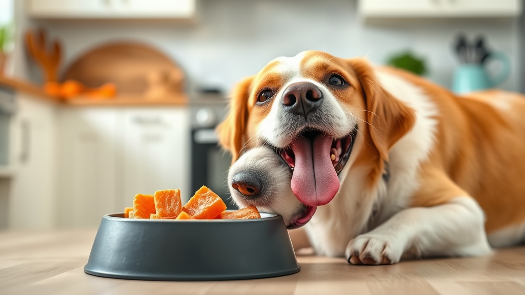 Happy healthy dog eating from bowl, salmon treats visible, bright kitchen background, no text no words no letters