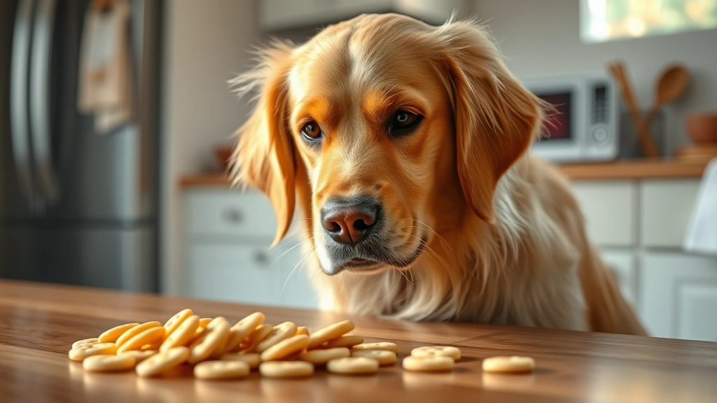 Golden Retriever looking at saltine crackers on a kitchen table, curious expression, photorealistic, natural lighting