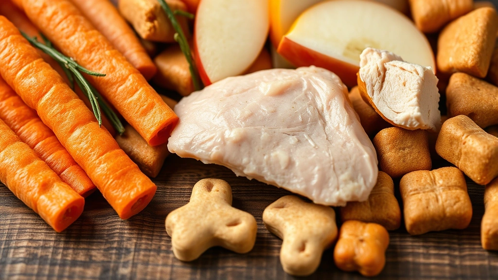 Close-up of various dog treats including carrots, apple slices, and chicken pieces arranged on a wooden surface, photorealistic, appetizing presentation