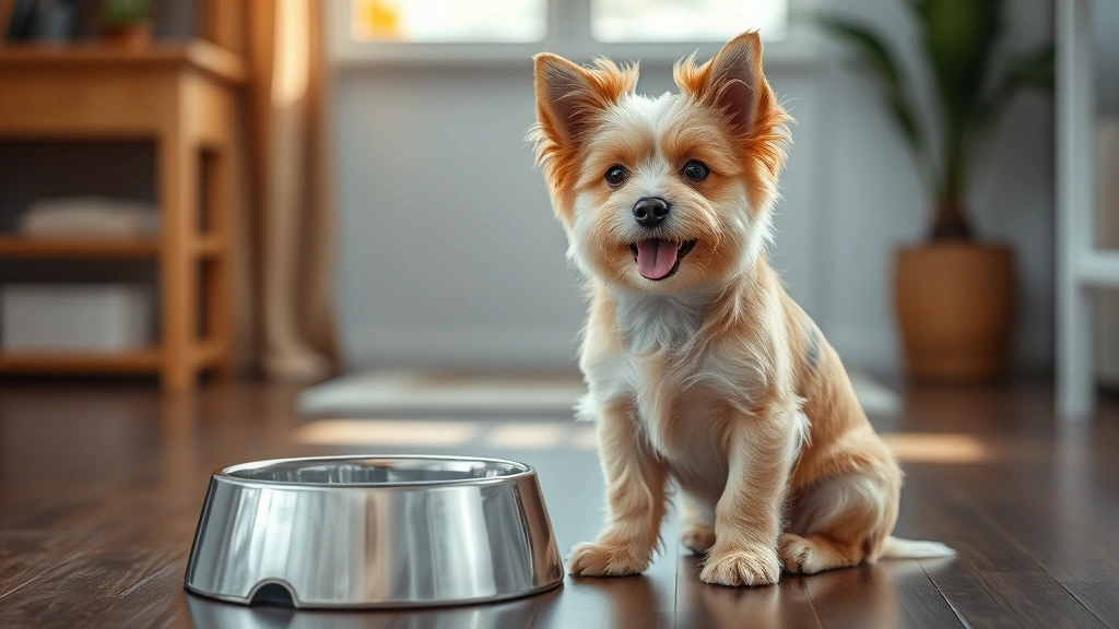 Small dog breed sitting beside a water bowl, looking healthy and happy, bright home interior, photorealistic, warm natural lighting