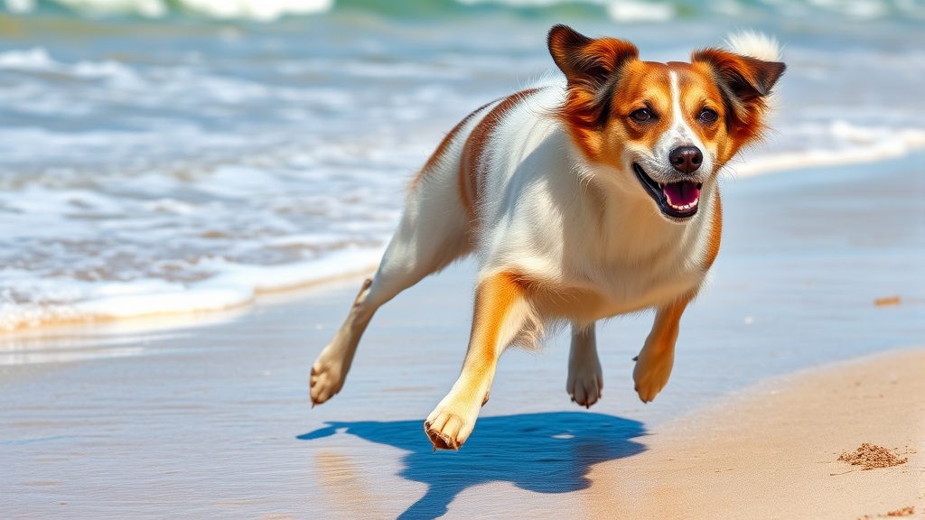 Healthy active dog running on beach with shiny coat, ocean waves background, vibrant colors, no text no words no letters