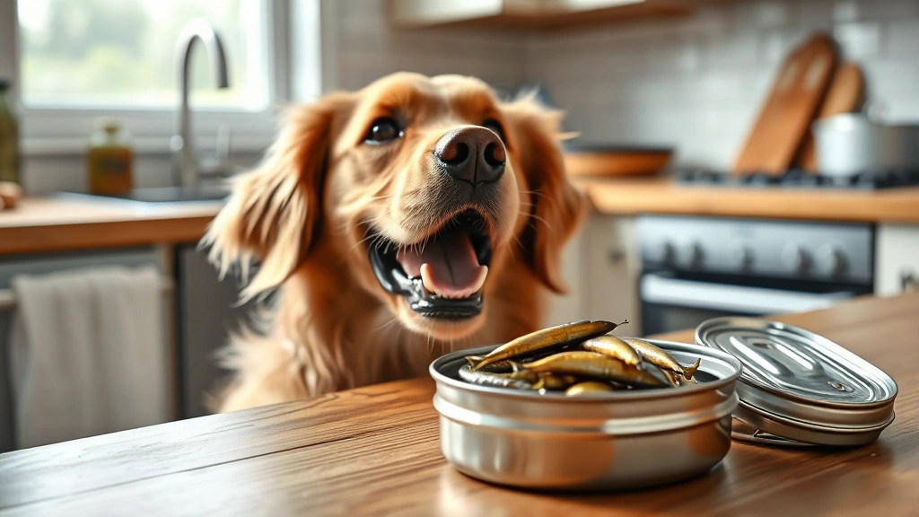 Golden retriever excitedly looking at an open tin of sardines on a wooden kitchen counter, natural lighting, photorealistic style