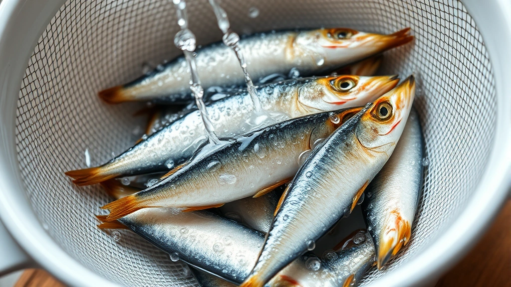 Close-up of sardines being rinsed under cool water in a fine-mesh strainer over a white ceramic bowl, showing water draining, photorealistic food photography