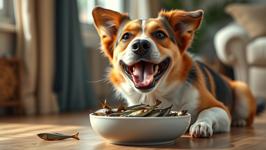 Happy medium-sized mixed breed dog eating sardines from a ceramic bowl, tail wagging, indoors with soft natural window lighting, photorealistic