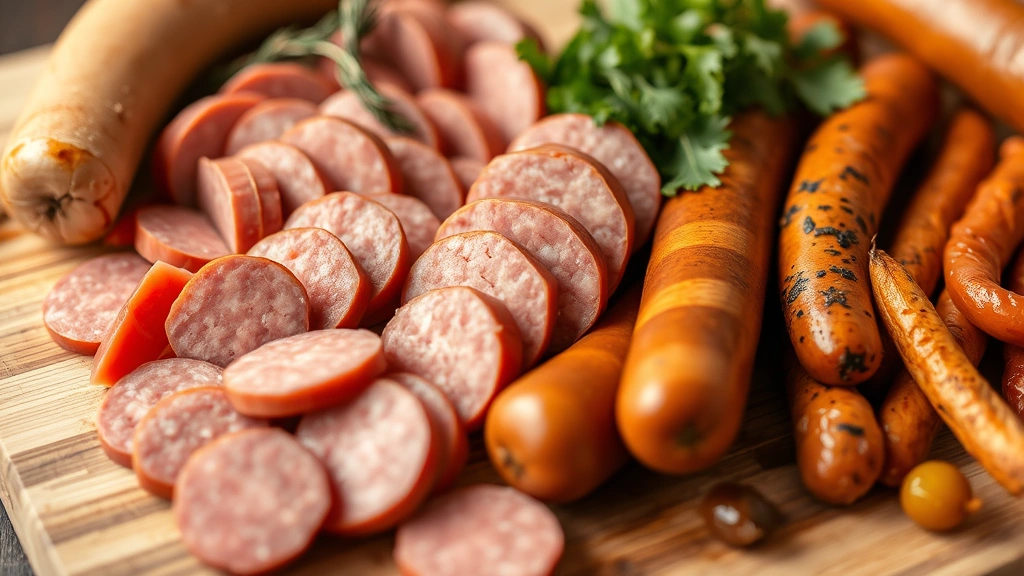 Close-up of various sausage types on a wooden cutting board, raw and cooked varieties