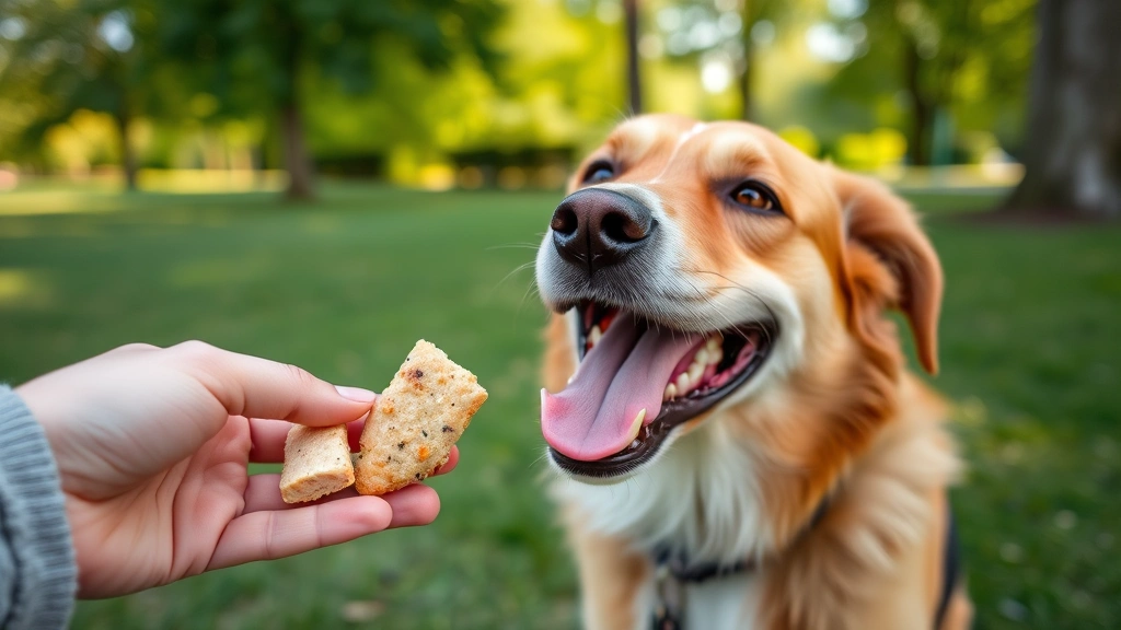 Happy dog eating healthy chicken treats from owner's hand, outdoor park setting