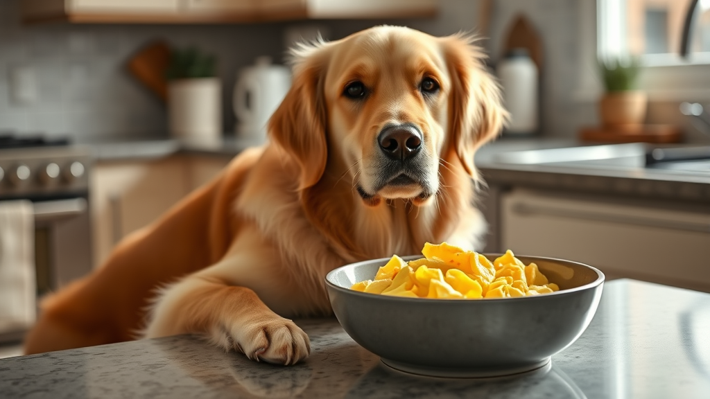Golden retriever sitting next to bowl of plain scrambled eggs on kitchen counter, natural lighting, cozy home setting, no text no words no letters