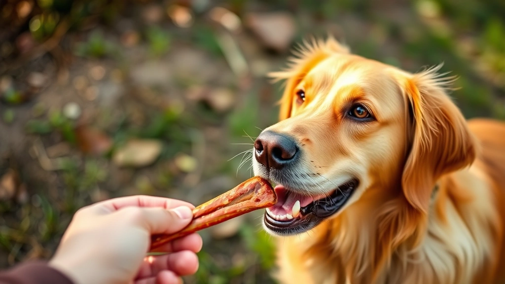 Excited golden retriever looking at a person holding a Slim Jim stick, natural lighting, outdoor setting, dog's eyes focused on snack