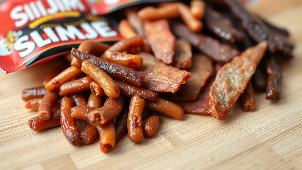 Close-up of various processed meat snacks including Slim Jims and jerky arranged on a wooden surface, natural daylight