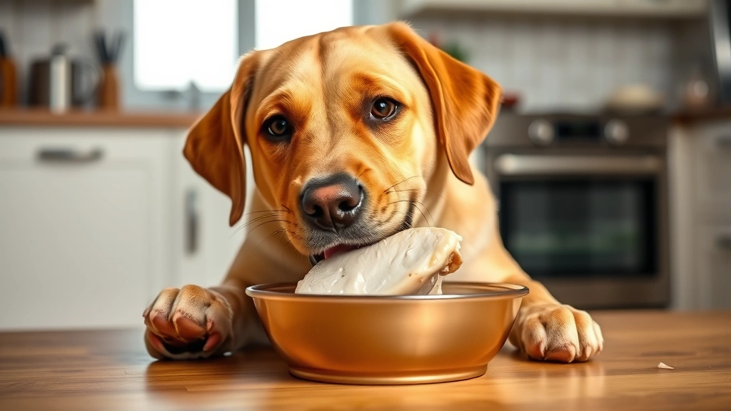 Happy labrador puppy eating a plain cooked chicken breast from a bowl, bright kitchen lighting, healthy treat presentation