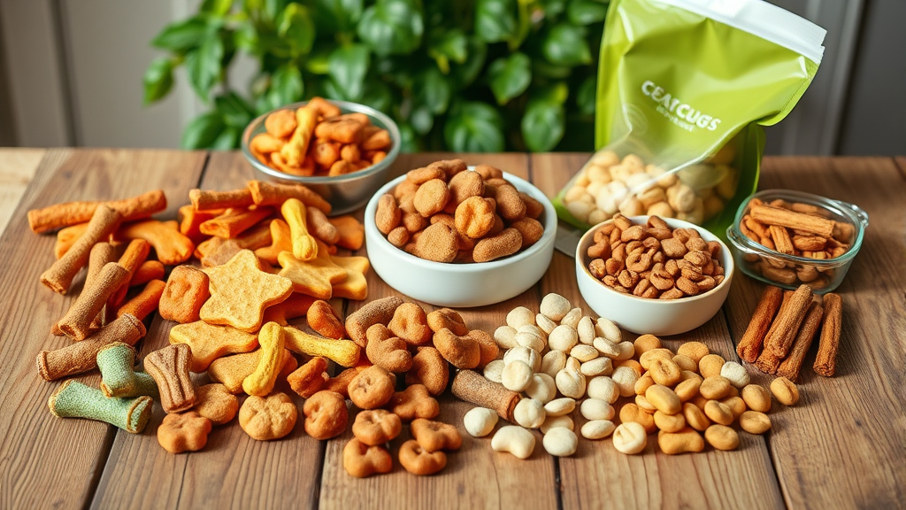 Healthy dog treats and safe alternatives arranged on wooden table, natural lighting, colorful presentation, no text no words no letters