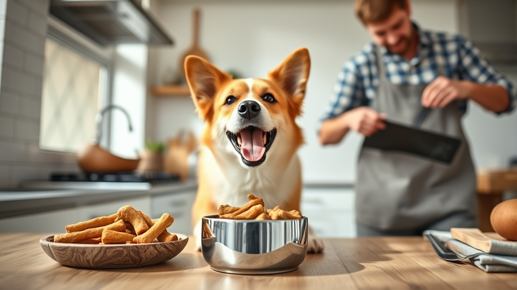 Happy dog enjoying healthy dog treats from bowl while owner prepares meal in modern kitchen, bright natural light, no text no words no letters